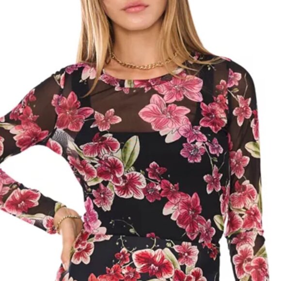 1. State Tops - 1. State Floral Print Mesh Top Black Floral Size XL